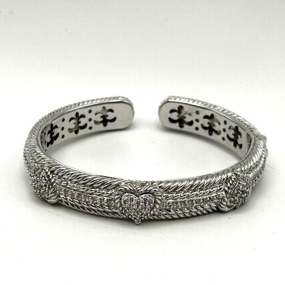 Judith Pipka 925 Sterling Silver CZ 3 Heart Hinged Rope Cuff Bracelet 6.75” - Picture 1 of 9